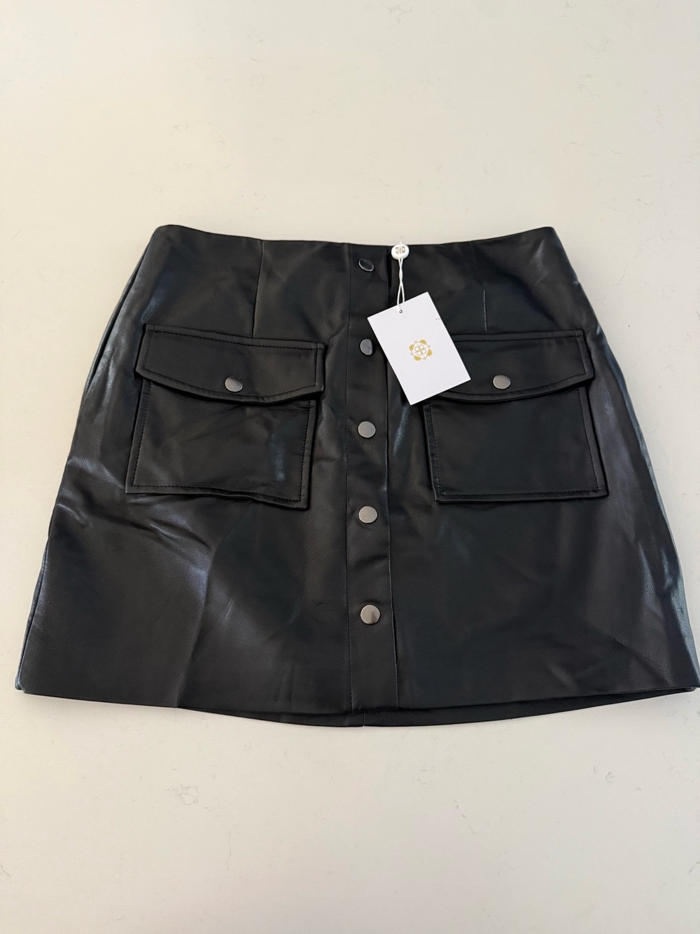 Wayf Black Faux Leather Button-Front Mini Skirt